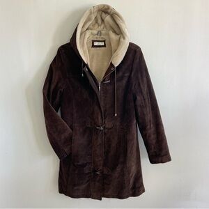Covington Dark Brown Faux Suede Hooded Coat Sherpa Lined S